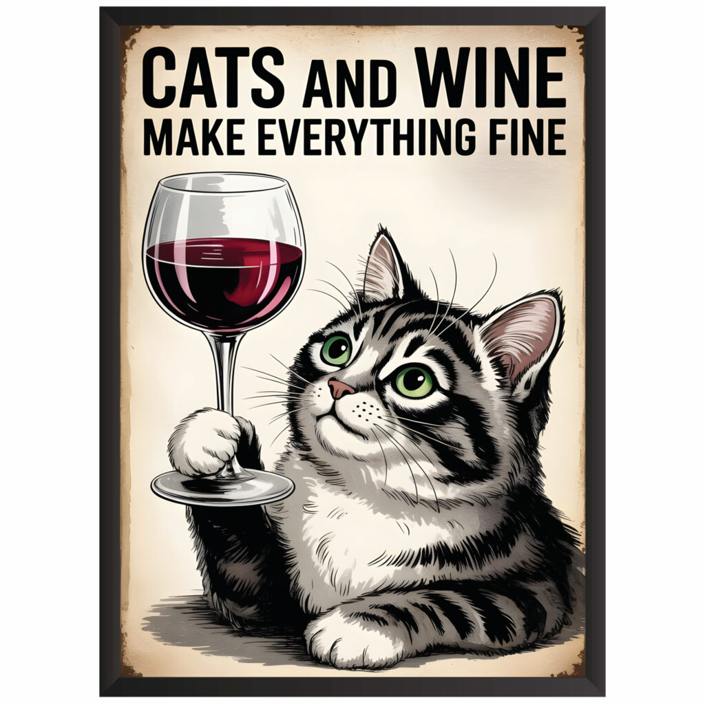 Plakat w ramce obraz smieszny kot cats and wine
